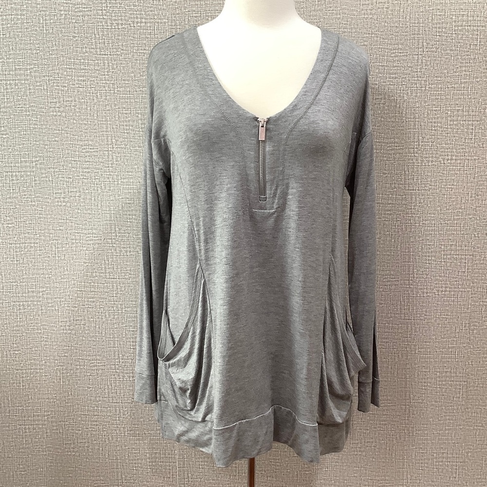 Casual Relaxed Fit Top Long Sleeve 1/4 Zip Grey Pockets